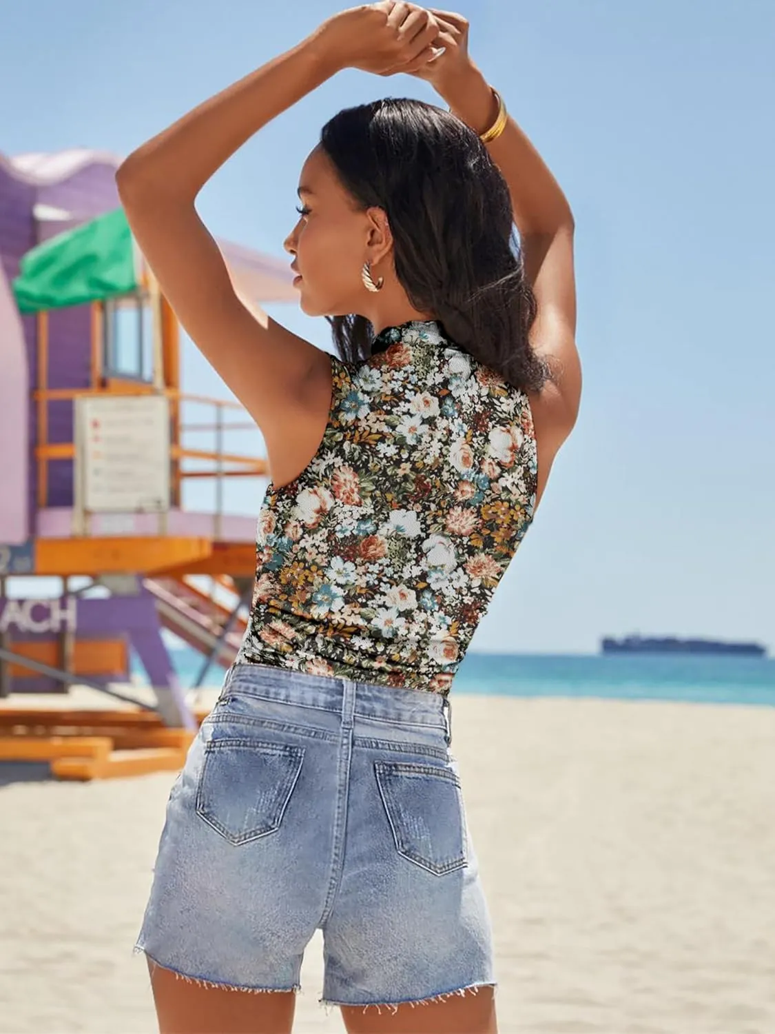 Women's Mesh Floral Tank Tops Sleeveless Mock Neck Sexy Going Out Shirts 2025 Trendy Summer Casual Outfits