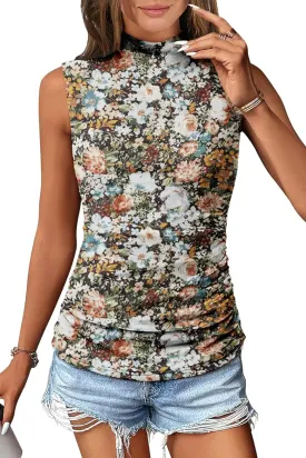 Women's Mesh Floral Tank Tops Sleeveless Mock Neck Sexy Going Out Shirts 2025 Trendy Summer Casual Outfits
