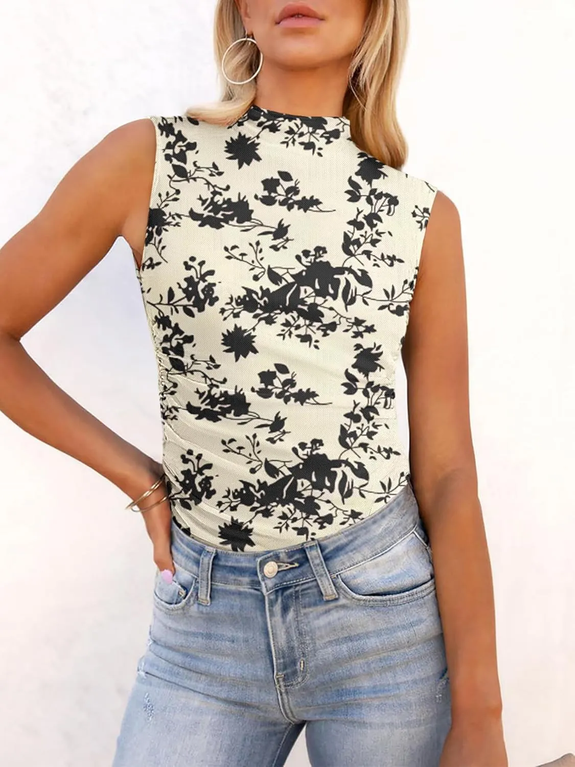 Women's Mesh Floral Tank Tops Sleeveless Mock Neck Sexy Going Out Shirts 2025 Trendy Summer Casual Outfits