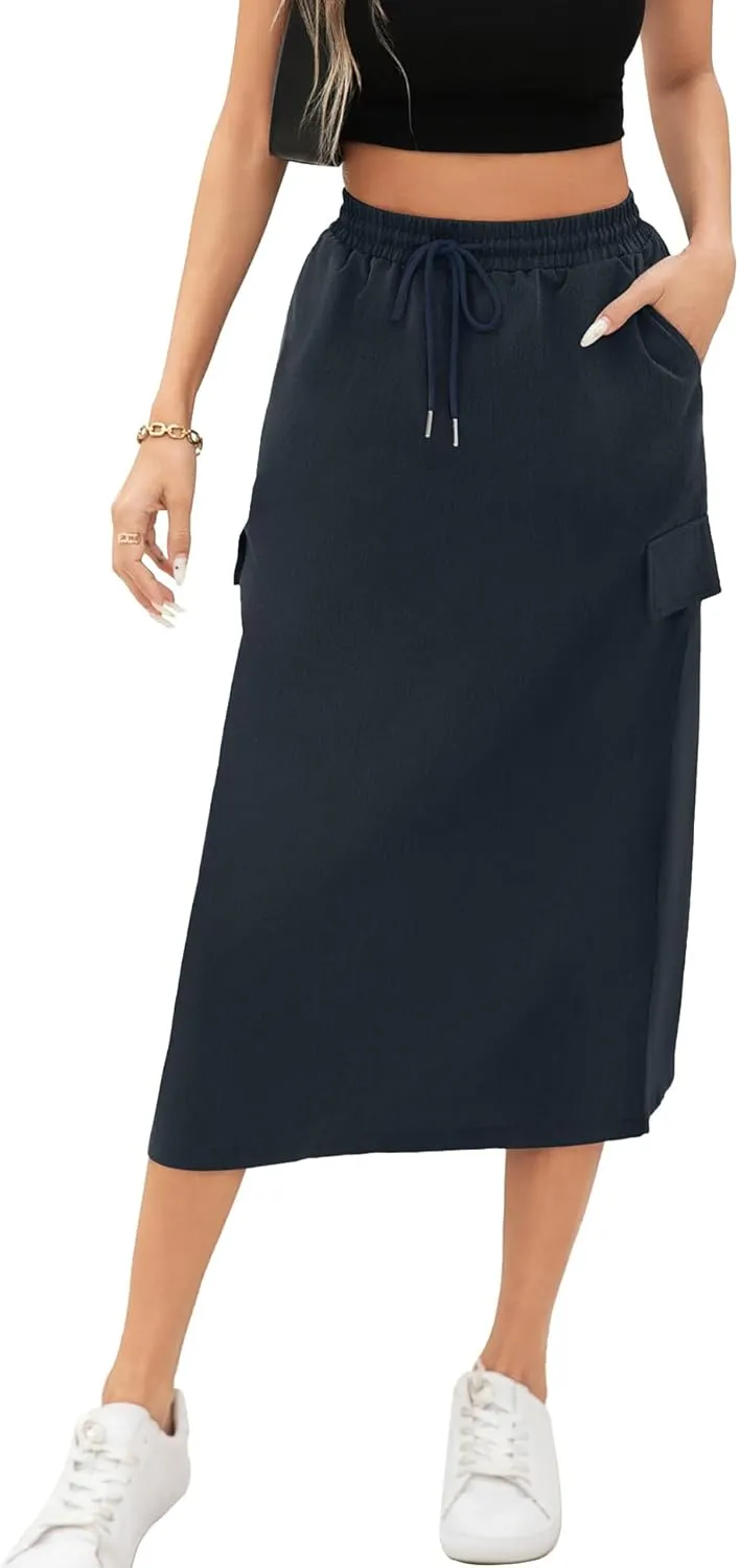Women's Midi Cargo Skirt High Waist Drawstring Summer Slit Dressy Casual Skirts with Pockets