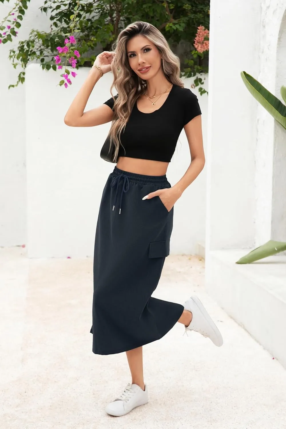 Women's Midi Cargo Skirt High Waist Drawstring Summer Slit Dressy Casual Skirts with Pockets