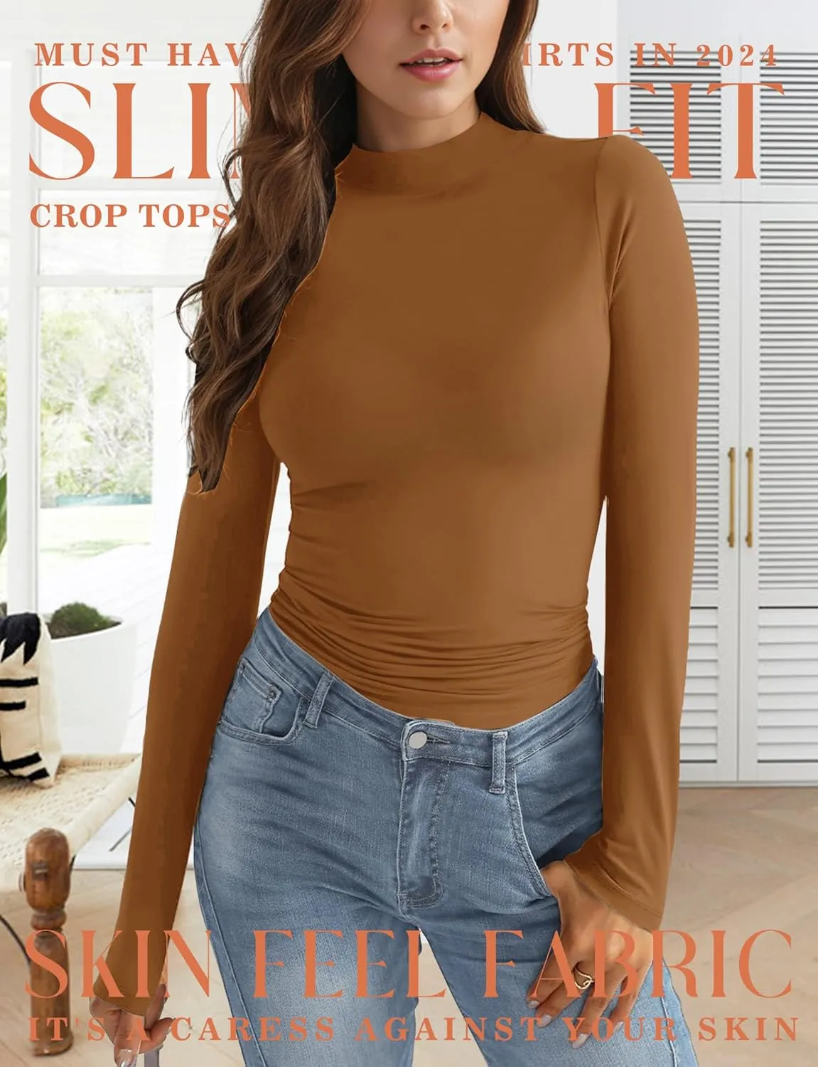 Womens Mock Turtle Neck Basic Long Sleeve T Shirt Slim Fit Tees Fall Y2k Going Out Crop Tops Cute Tight Shirts