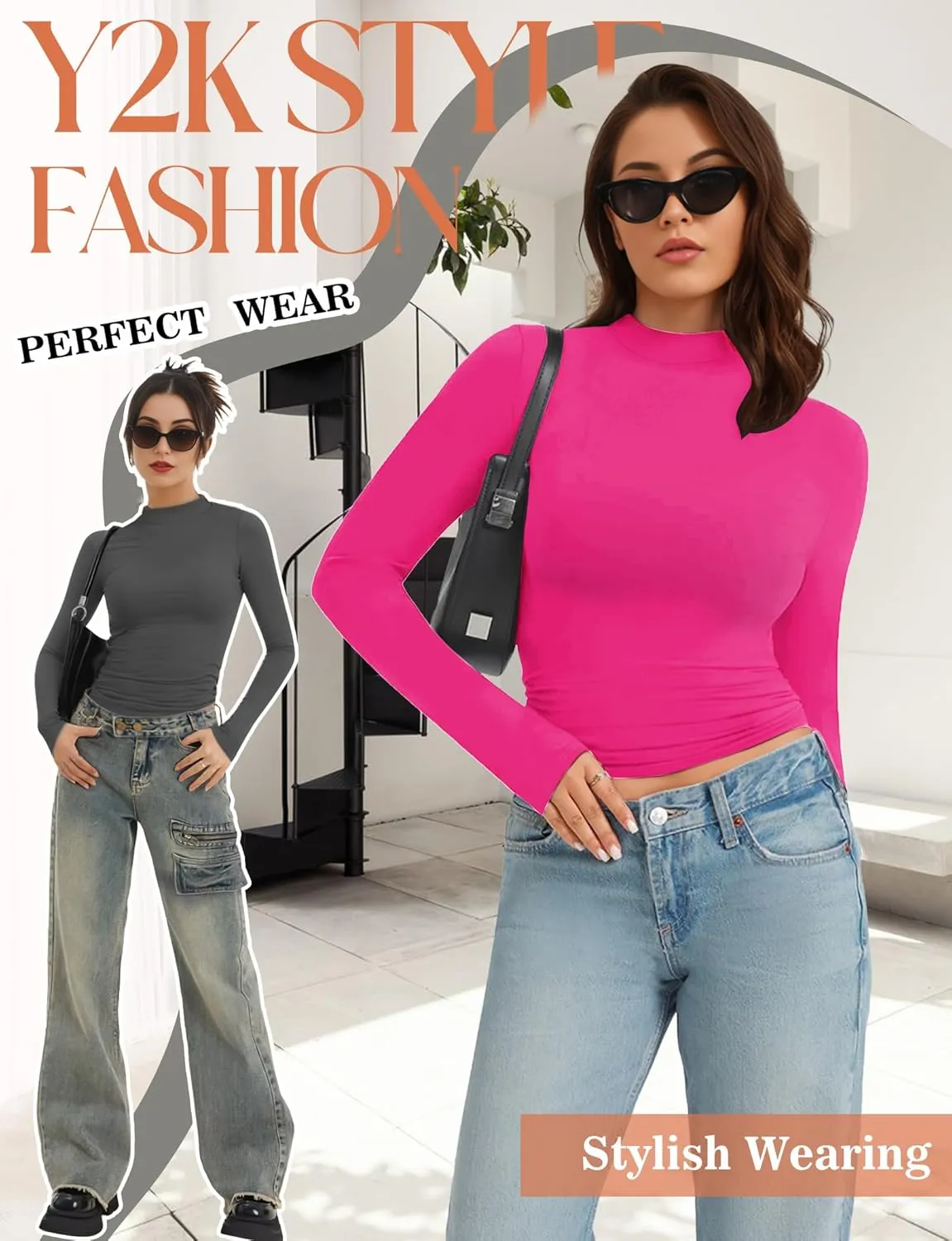 Womens Mock Turtle Neck Basic Long Sleeve T Shirt Slim Fit Tees Fall Y2k Going Out Crop Tops Cute Tight Shirts