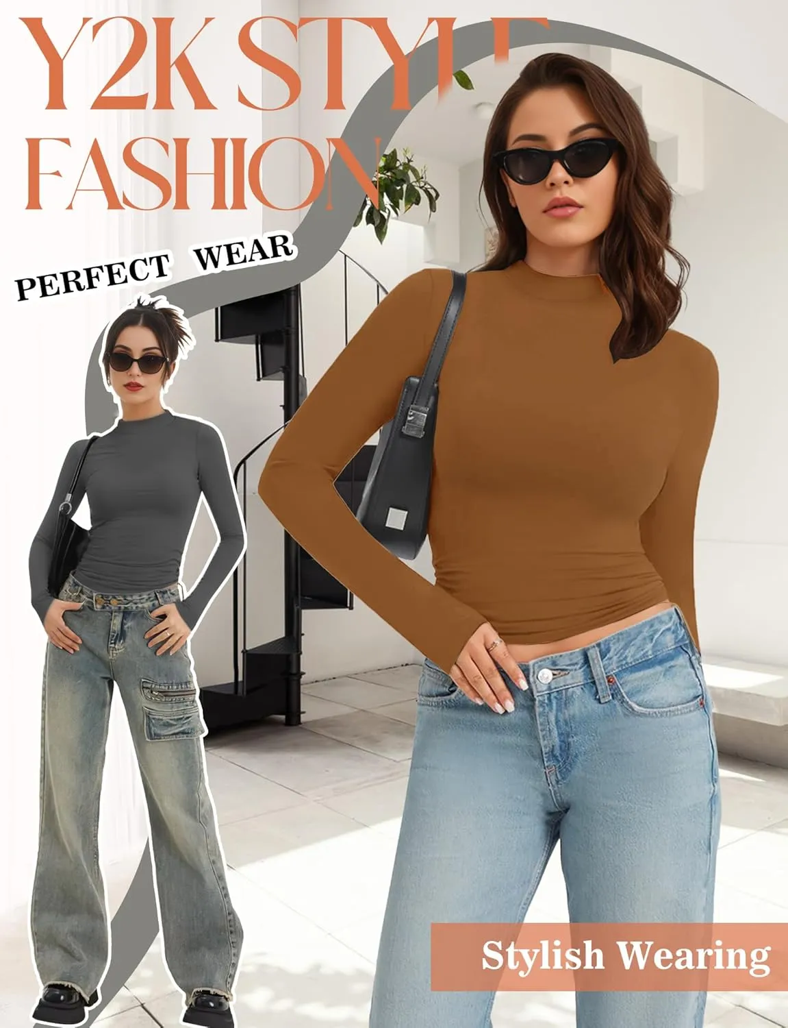 Womens Mock Turtle Neck Basic Long Sleeve T Shirt Slim Fit Tees Fall Y2k Going Out Crop Tops Cute Tight Shirts