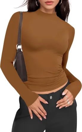 Womens Mock Turtle Neck Basic Long Sleeve T Shirt Slim Fit Tees Fall Y2k Going Out Crop Tops Cute Tight Shirts