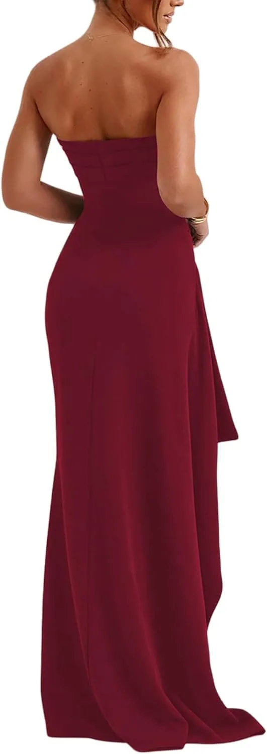 Women's Off Shoulder Backless Ruched Bodycon Dress Sexy Strapless High Split Long Maxi Dresses for Party Cocktail