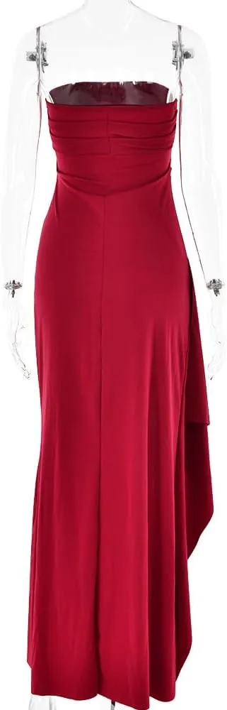Women's Off Shoulder Backless Ruched Bodycon Dress Sexy Strapless High Split Long Maxi Dresses for Party Cocktail
