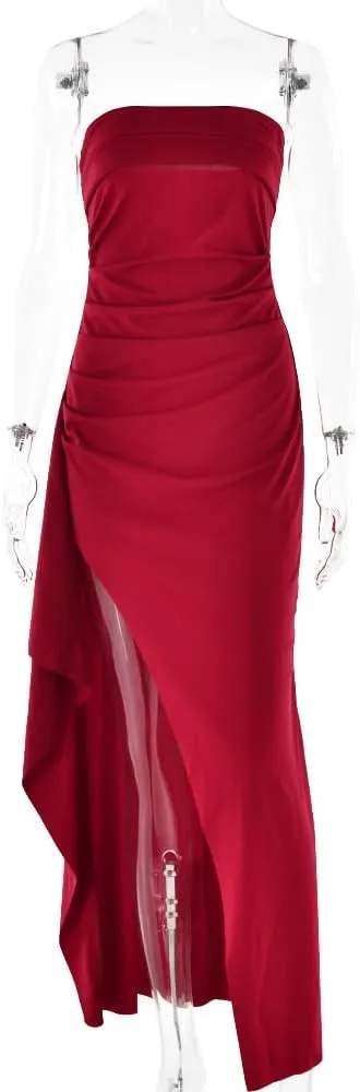 Women's Off Shoulder Backless Ruched Bodycon Dress Sexy Strapless High Split Long Maxi Dresses for Party Cocktail