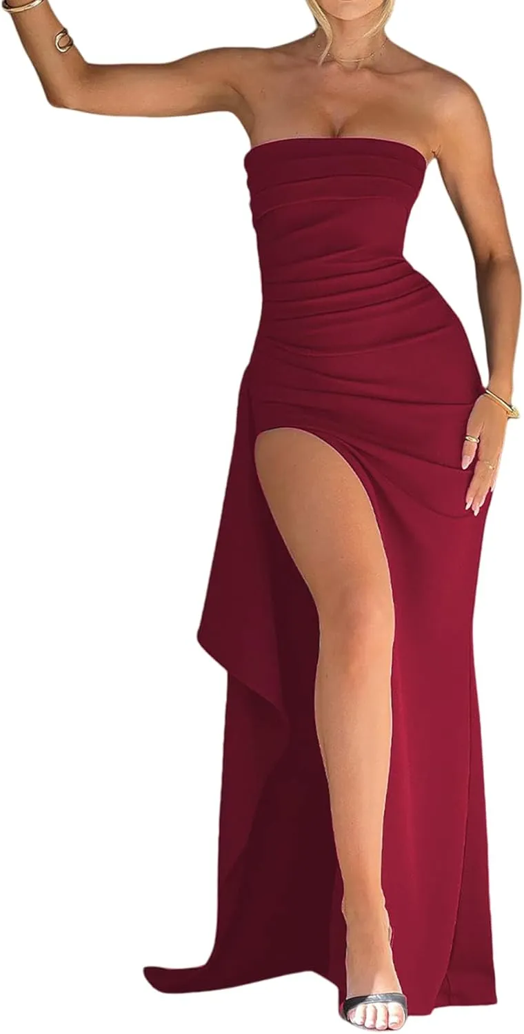 Women's Off Shoulder Backless Ruched Bodycon Dress Sexy Strapless High Split Long Maxi Dresses for Party Cocktail