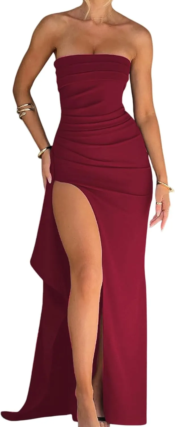 Women's Off Shoulder Backless Ruched Bodycon Dress Sexy Strapless High Split Long Maxi Dresses for Party Cocktail