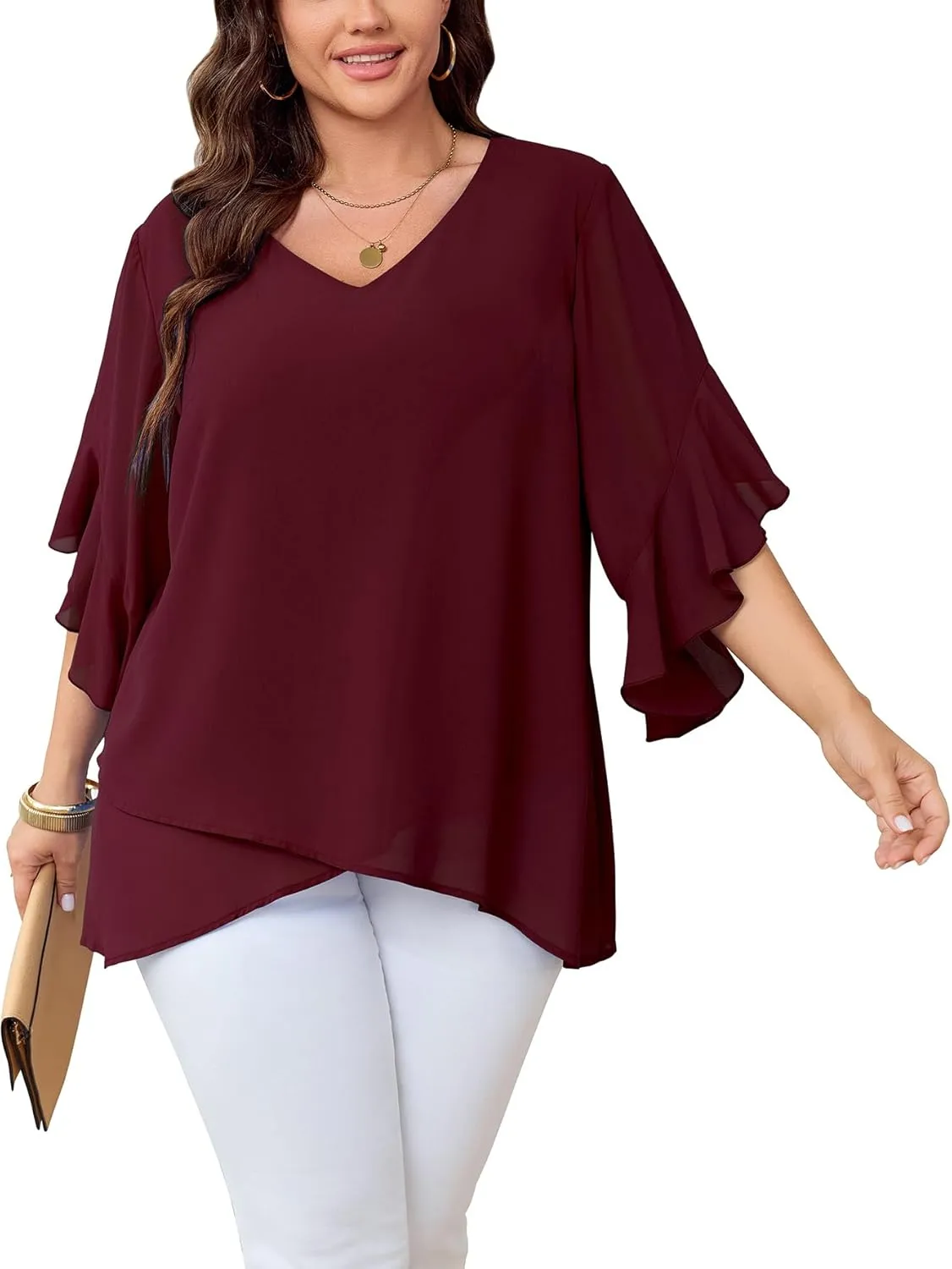 Womens Plus Size Tops V Neck 3/4 Sleeve Double Layers Dressy Casual Work Blouses Chiffon Shirts