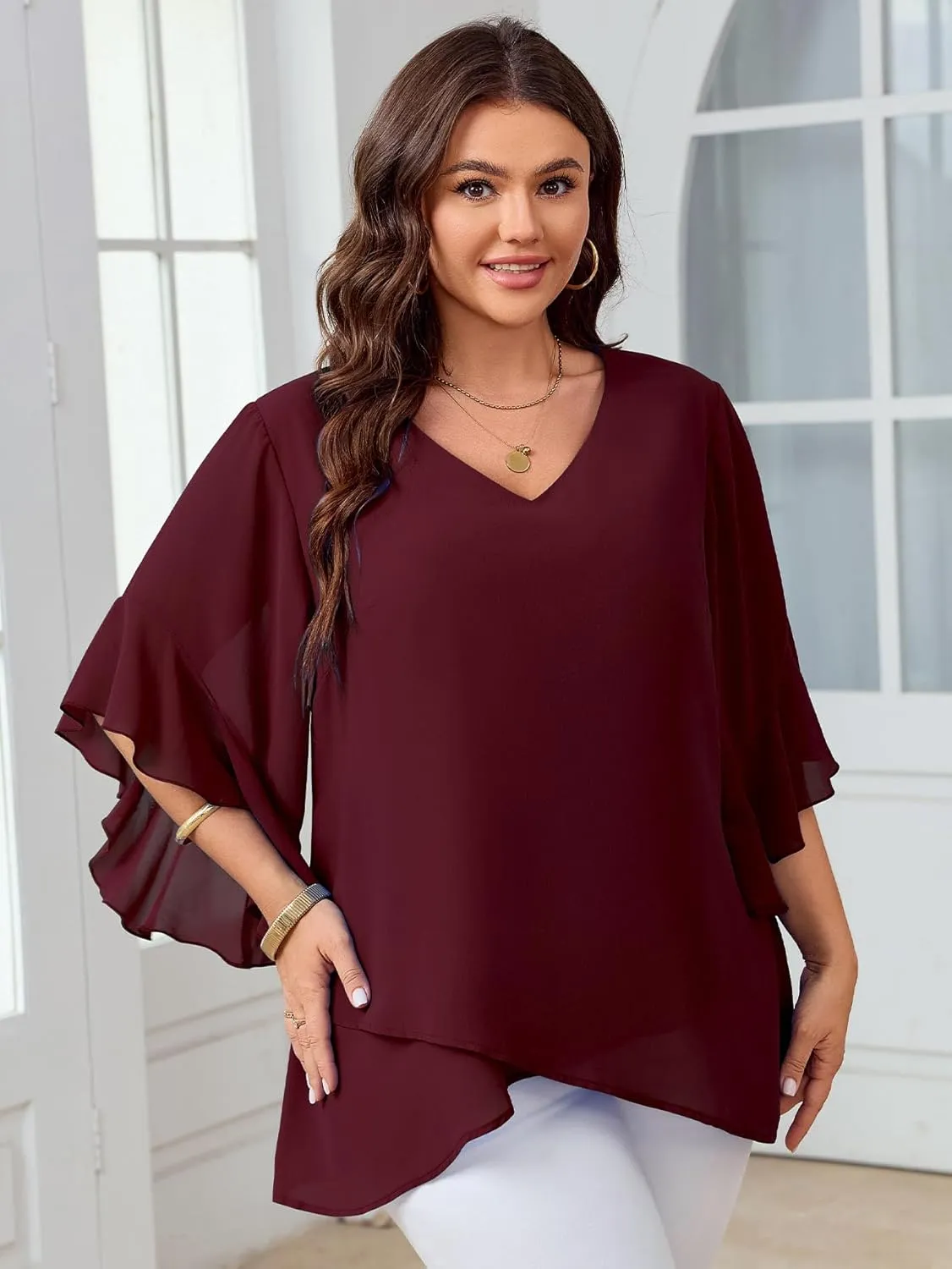 Womens Plus Size Tops V Neck 3/4 Sleeve Double Layers Dressy Casual Work Blouses Chiffon Shirts