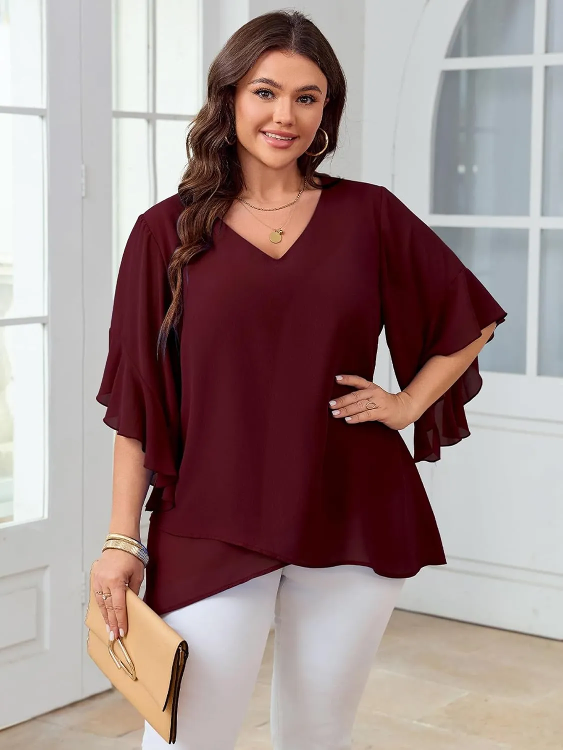 Womens Plus Size Tops V Neck 3/4 Sleeve Double Layers Dressy Casual Work Blouses Chiffon Shirts