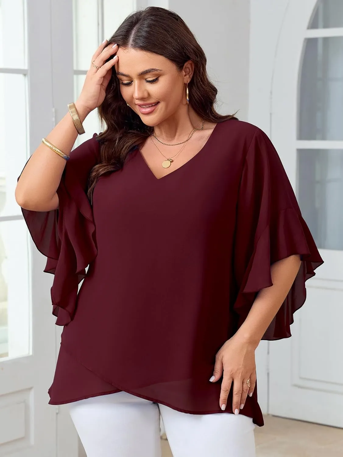 Womens Plus Size Tops V Neck 3/4 Sleeve Double Layers Dressy Casual Work Blouses Chiffon Shirts