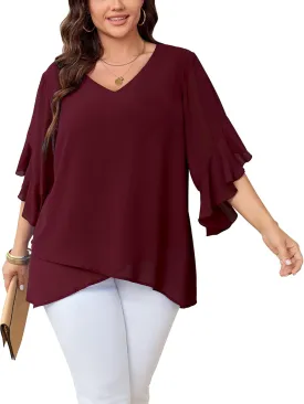Womens Plus Size Tops V Neck 3/4 Sleeve Double Layers Dressy Casual Work Blouses Chiffon Shirts