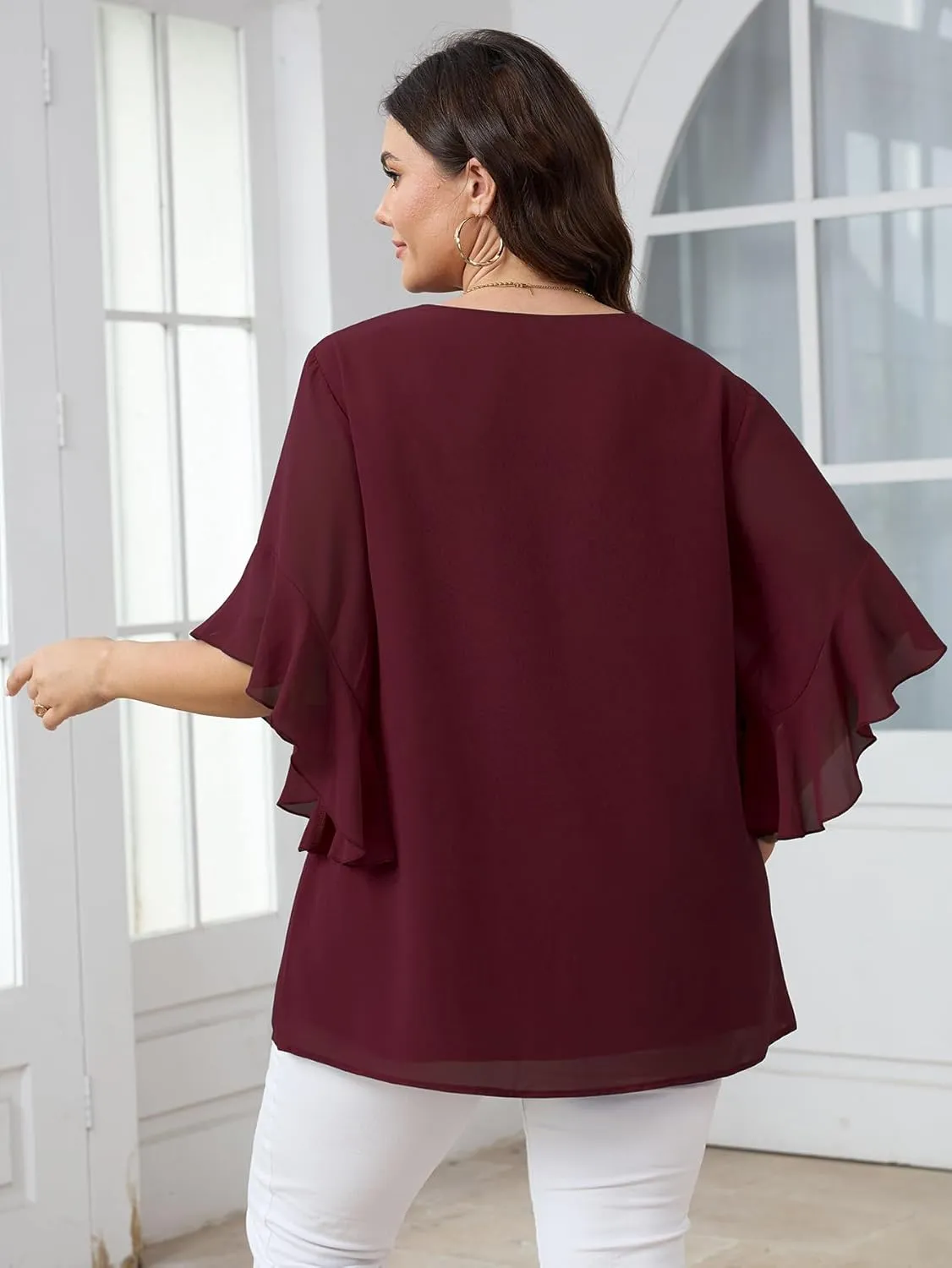 Womens Plus Size Tops V Neck 3/4 Sleeve Double Layers Dressy Casual Work Blouses Chiffon Shirts