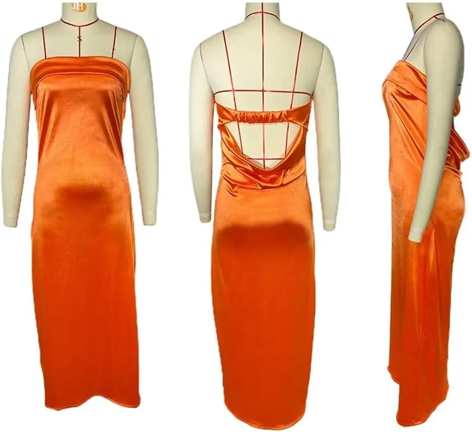 Women's Satin Tube Sexy Backless Formal Wedding Guest Evening Party Maxi Dresses Gala Dress