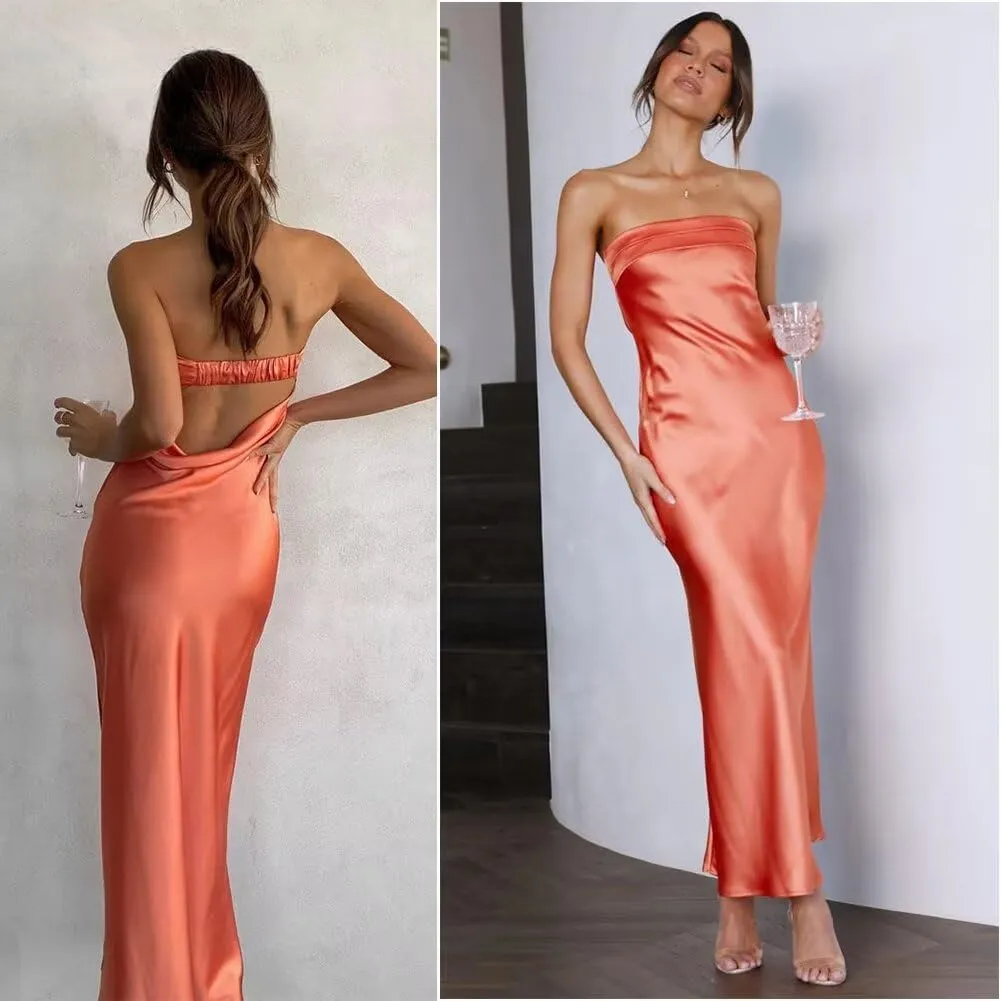 Women's Satin Tube Sexy Backless Formal Wedding Guest Evening Party Maxi Dresses Gala Dress