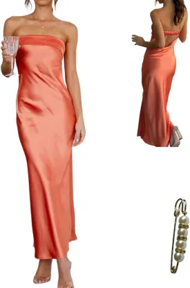 Women's Satin Tube Sexy Backless Formal Wedding Guest Evening Party Maxi Dresses Gala Dress