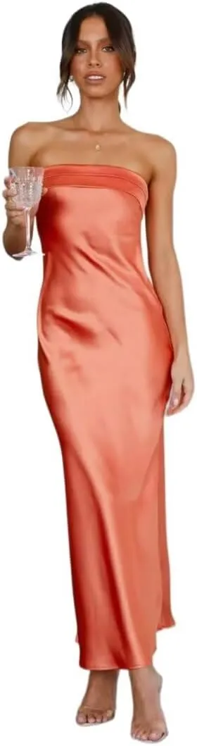 Women's Satin Tube Sexy Backless Formal Wedding Guest Evening Party Maxi Dresses Gala Dress