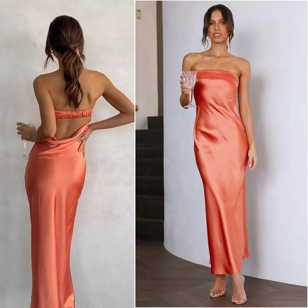 Women's Satin Tube Sexy Backless Formal Wedding Guest Evening Party Maxi Dresses Gala Dress