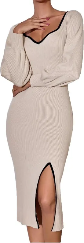 Womens Sexy V Neck Going Out Club Midi Stretch Slit Dress