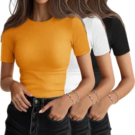 Women's Short Sleeve Shirts Pack Crewneck Ribbed Knit Tshirts Slim Fit Casual Summer Basic Tops S-XXL