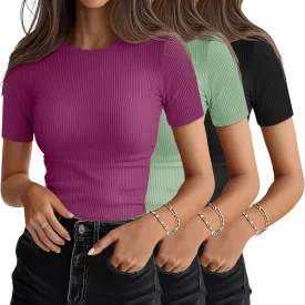 Women's Short Sleeve Shirts Pack Crewneck Ribbed Knit Tshirts Slim Fit Casual Summer Basic Tops S-XXL