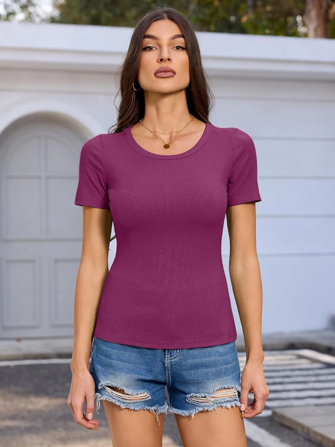 Women's Short Sleeve Shirts Pack Crewneck Ribbed Knit Tshirts Slim Fit Casual Summer Basic Tops S-XXL