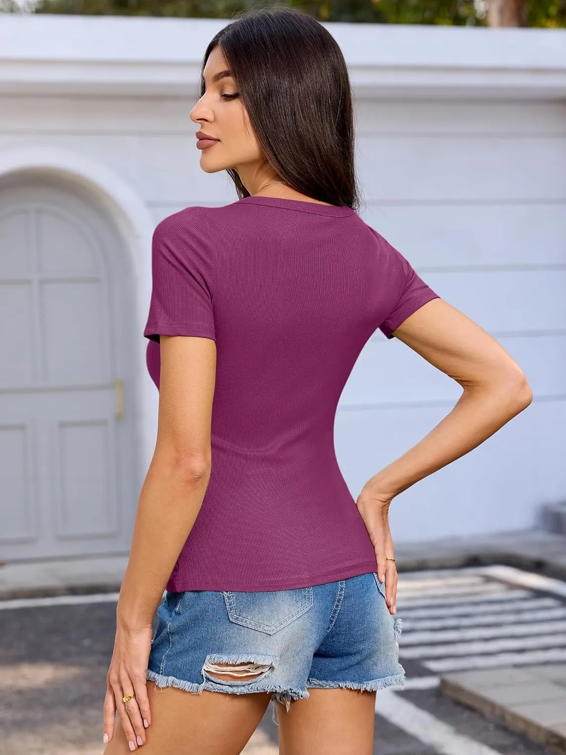 Women's Short Sleeve Shirts Pack Crewneck Ribbed Knit Tshirts Slim Fit Casual Summer Basic Tops S-XXL