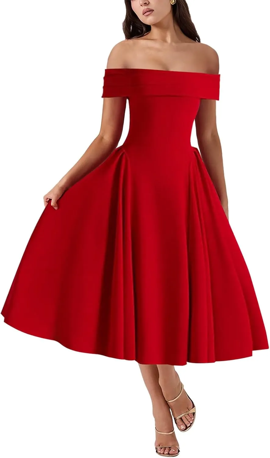 Women's Summer Off Shoulder Fit and Flare Midi Dress - Sleeveless Sexy A Line Corset Club Party Going Out Dresses