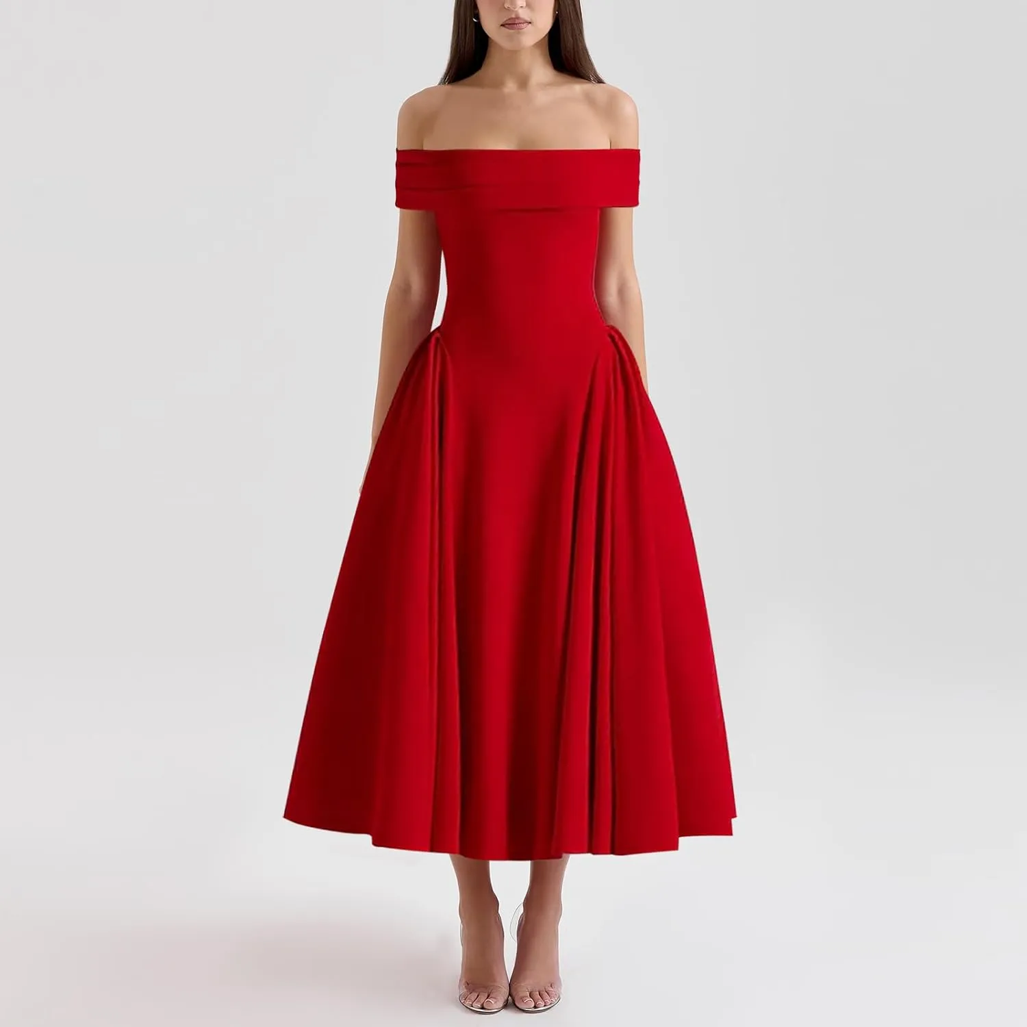 Women's Summer Off Shoulder Fit and Flare Midi Dress - Sleeveless Sexy A Line Corset Club Party Going Out Dresses