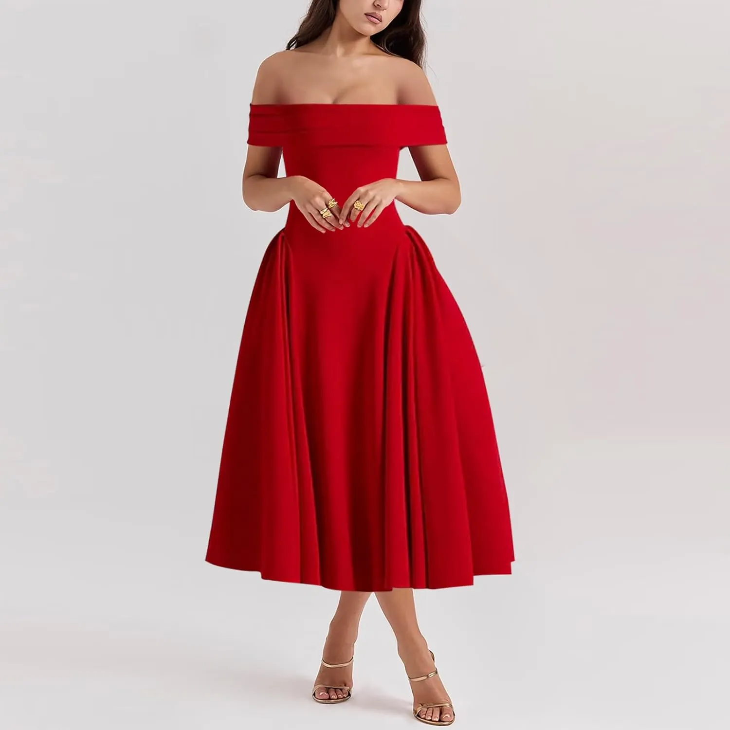 Women's Summer Off Shoulder Fit and Flare Midi Dress - Sleeveless Sexy A Line Corset Club Party Going Out Dresses