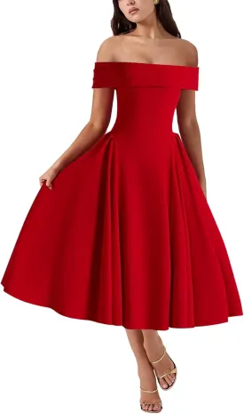 Women's Summer Off Shoulder Fit and Flare Midi Dress - Sleeveless Sexy A Line Corset Club Party Going Out Dresses