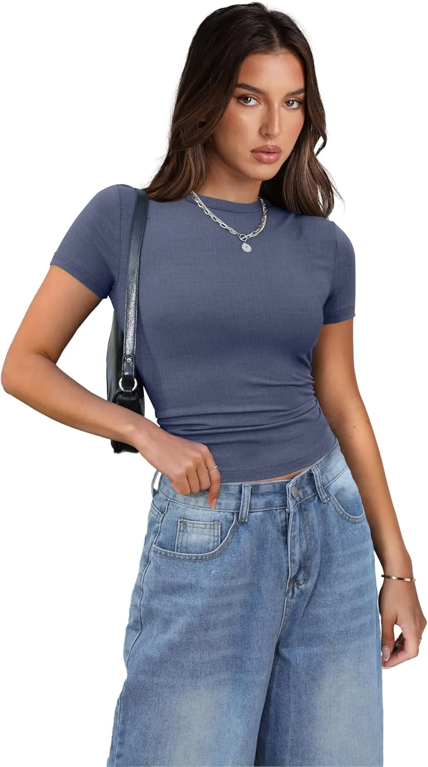 XIEERDUO Women's Short Sleeve Crew Neck Slim Fit T Shirts 2024 Y2k Clothes Spring Summer Basic Going Out Tops 2 Pack/3 Pack