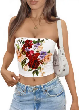 Yousify Womens Summer Floral Tube Tops Strapless Casual Slim Fit Sleeveless Going Out Party Y2k Bandeau Crop Top