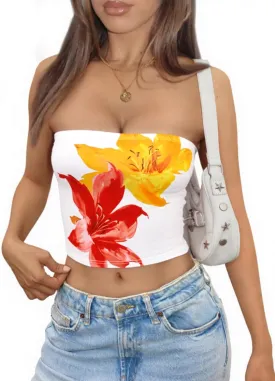 Yousify Womens Summer Floral Tube Tops Strapless Casual Slim Fit Sleeveless Going Out Party Y2k Bandeau Crop Top