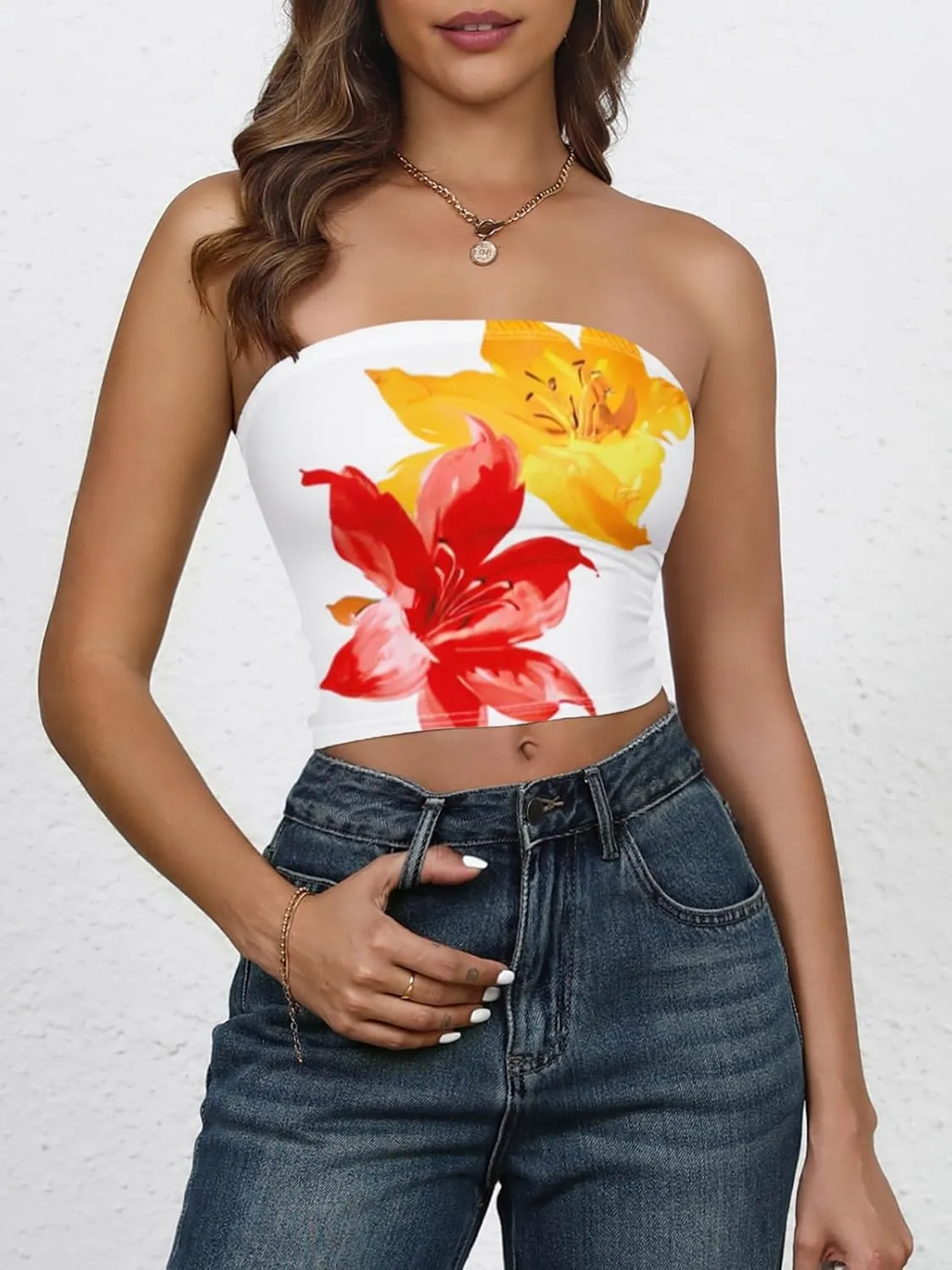 Yousify Womens Summer Floral Tube Tops Strapless Casual Slim Fit Sleeveless Going Out Party Y2k Bandeau Crop Top