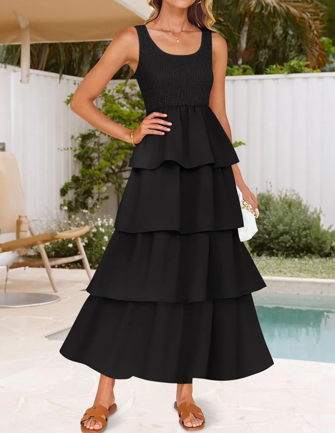 ZESICA Women's 2025 Summer Boho Sleeveless Midi Dress Scoop Neck Ruffle Tiered Layered Swing Long Beach Vacation Dresses