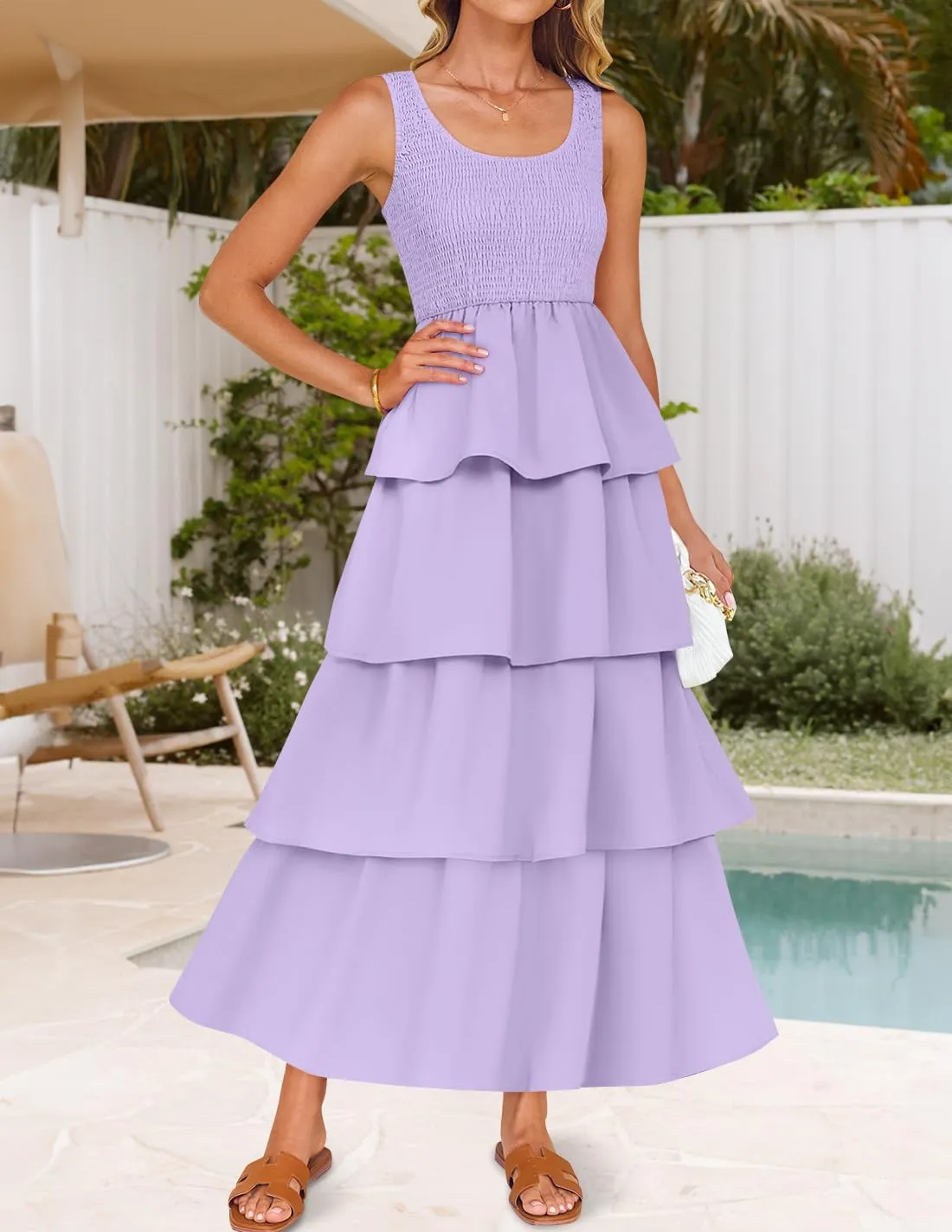 ZESICA Women's 2025 Summer Boho Sleeveless Midi Dress Scoop Neck Ruffle Tiered Layered Swing Long Beach Vacation Dresses