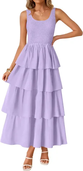 ZESICA Women's 2025 Summer Boho Sleeveless Midi Dress Scoop Neck Ruffle Tiered Layered Swing Long Beach Vacation Dresses