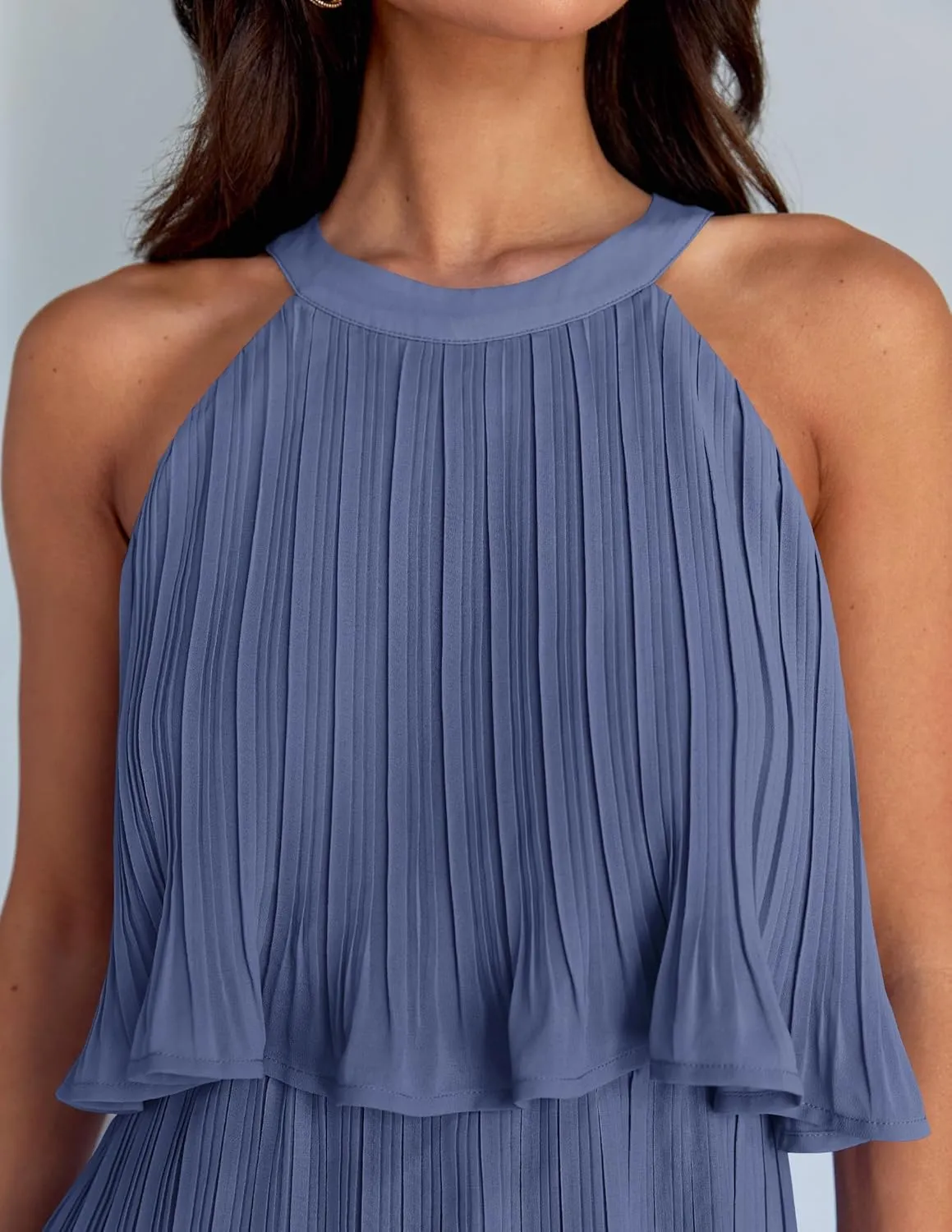 ZESICA Women's 2025 Summer Halter Dresses Sleeveless Ruffle Tiered Layered Chiffon Pleated A Line Swing Mini Dress