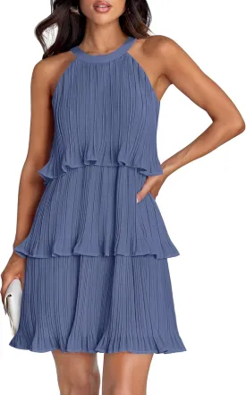 ZESICA Women's 2025 Summer Halter Dresses Sleeveless Ruffle Tiered Layered Chiffon Pleated A Line Swing Mini Dress