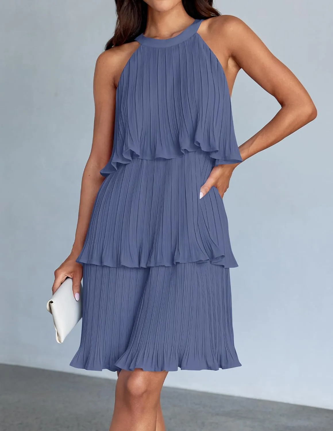 ZESICA Women's 2025 Summer Halter Dresses Sleeveless Ruffle Tiered Layered Chiffon Pleated A Line Swing Mini Dress