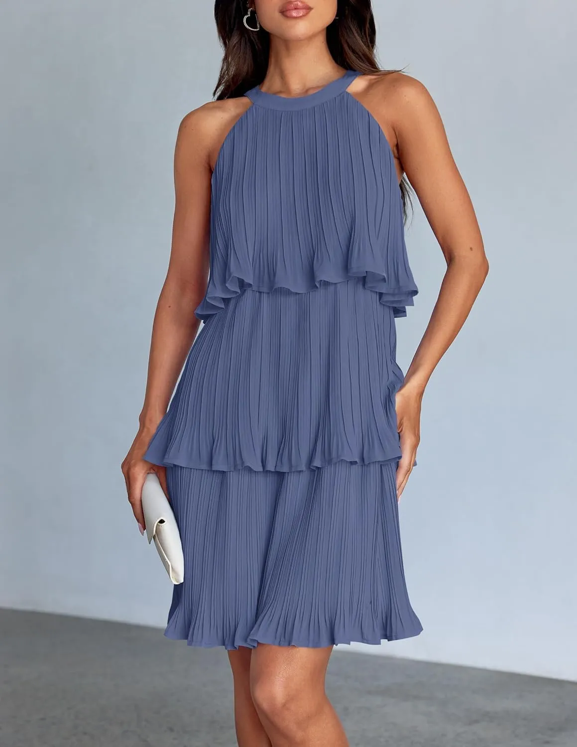 ZESICA Women's 2025 Summer Halter Dresses Sleeveless Ruffle Tiered Layered Chiffon Pleated A Line Swing Mini Dress
