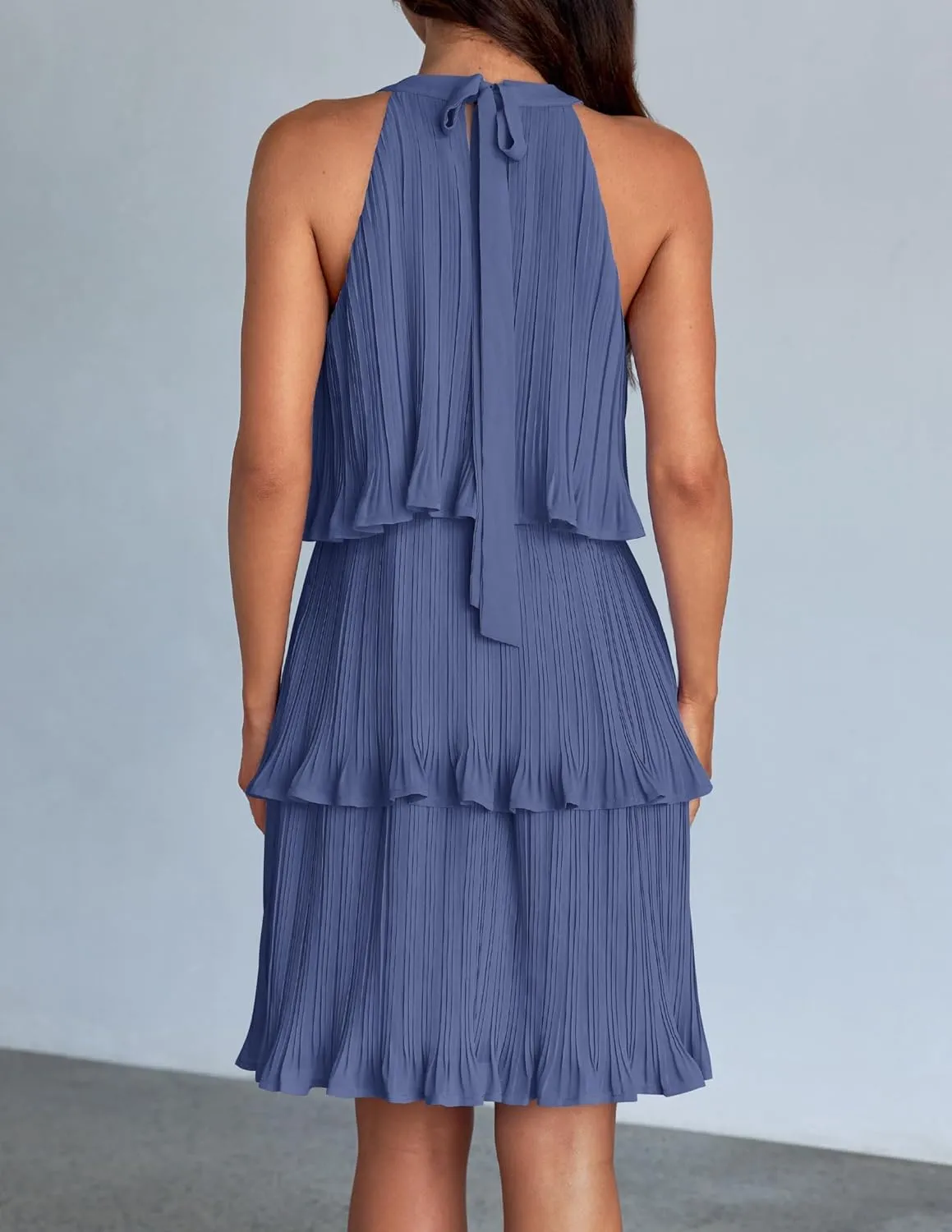 ZESICA Women's 2025 Summer Halter Dresses Sleeveless Ruffle Tiered Layered Chiffon Pleated A Line Swing Mini Dress